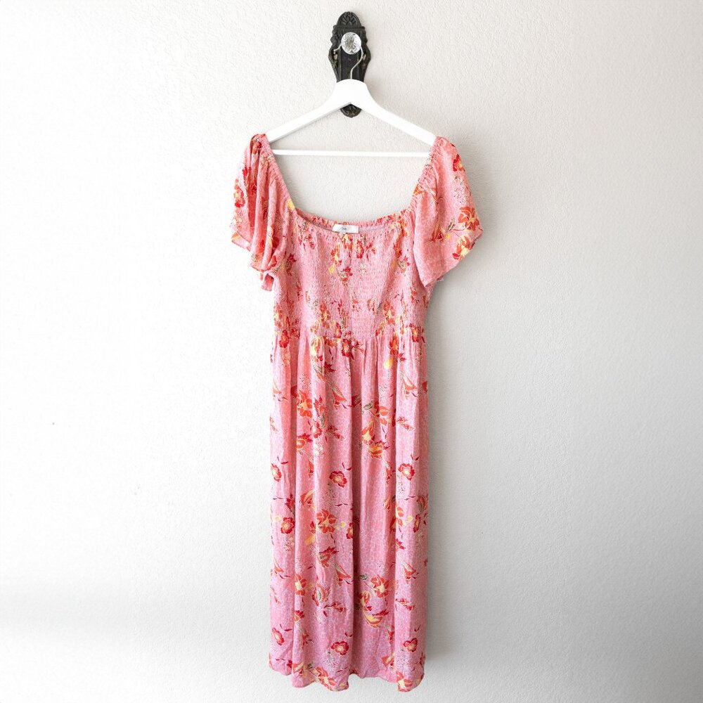 Ripe Maternity Libby Dress Size Large Pink Floral Smocked Flutter Sleeve Midi - Picture 2 of 7